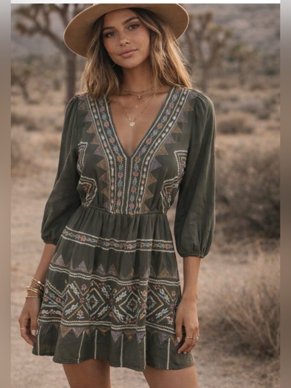 Savanna Jane Olive Green Embroidered Boho V-Neck Mini Dress 3/4 Sleeve Small
